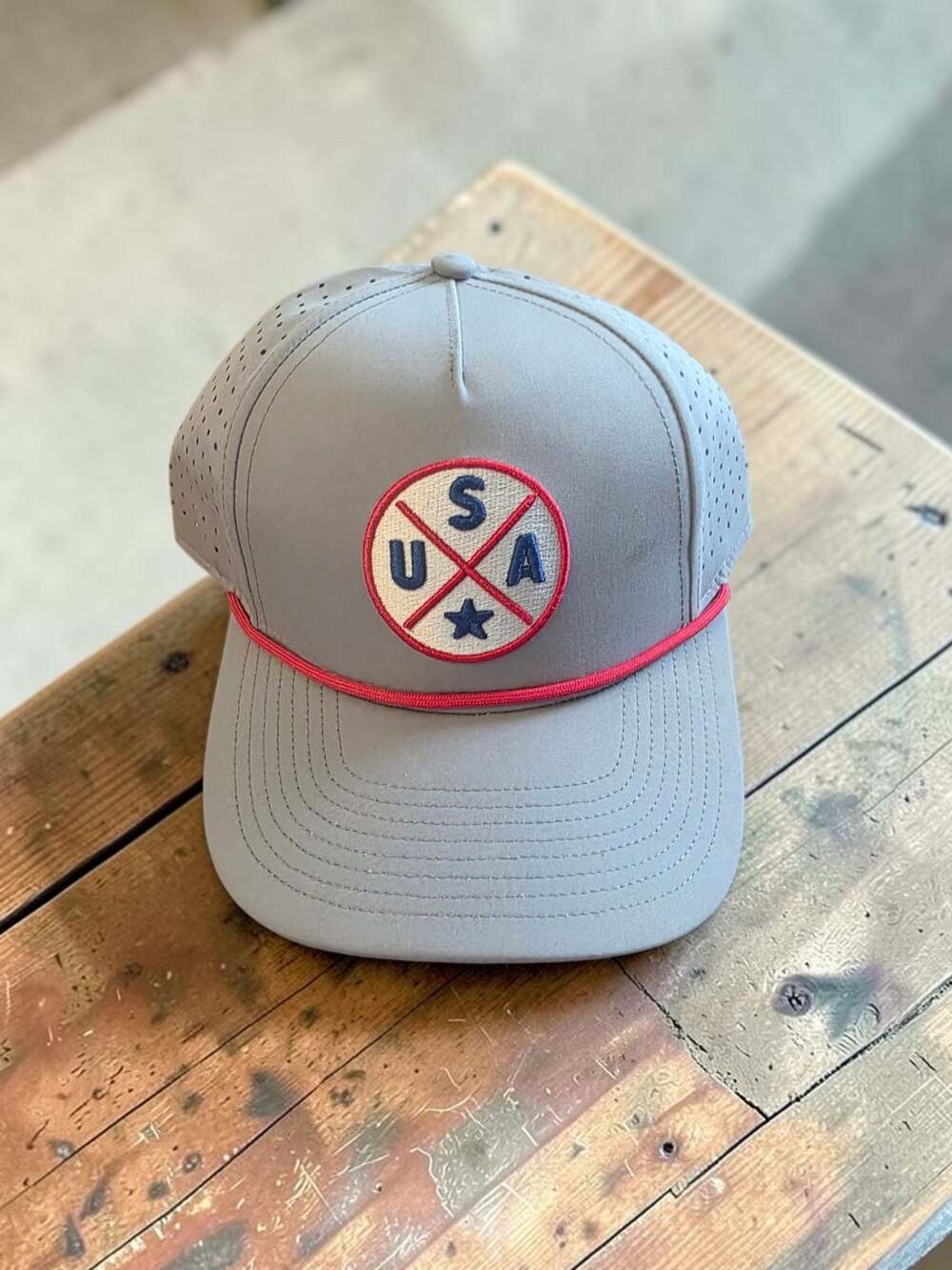 USA Performance 5-Panel Hat Gray Red Rope Snapback